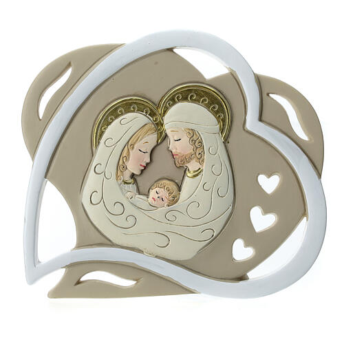 Heart-shaped wedding favour with Holy Family, white and taupe, 4 in 1