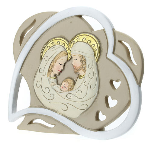 Heart-shaped wedding favour with Holy Family, white and taupe, 4 in 2