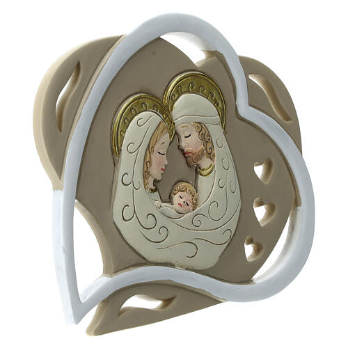 Heart-shaped wedding favour with Holy Family, white and taupe, 4 in 3