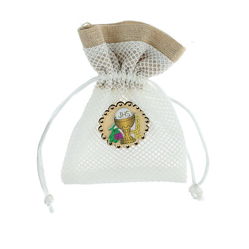 Geschenksäckchen mit Ziehband, Weiß, Netzmuster, Erstkommunion, 12x9 cm 2