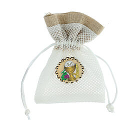 Net bag for First Communion favours, chalice and JHS, 5x3.5 in