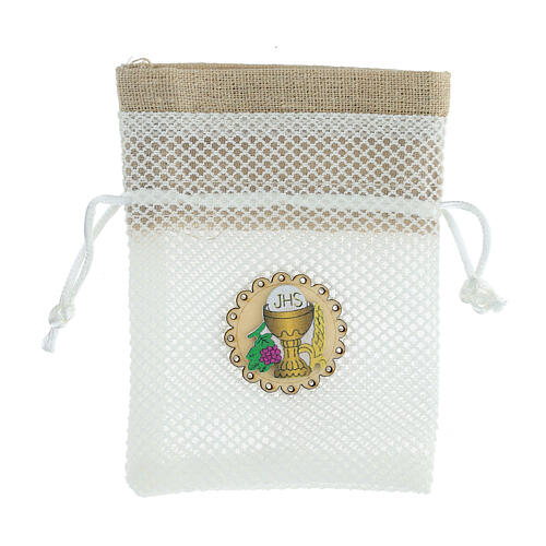 Net bag for First Communion favours, chalice and JHS, 5x3.5 in 1