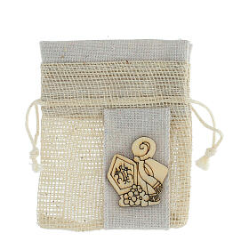 Beige net bag for Confirmation favours, mitre and crozier, 4x3 in