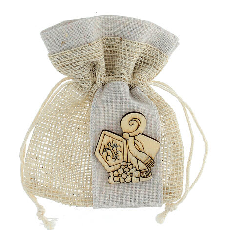 Beige net bag for Confirmation favours, mitre and crozier, 4x3 in 2
