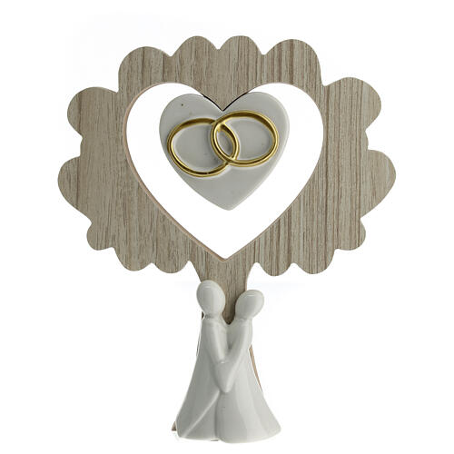 Wooden tree with porcelain lovers and rings, wedding favour, 7x6 in 1