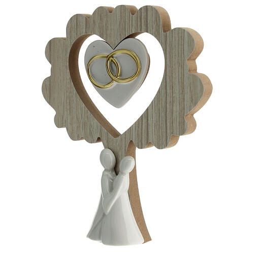 Wooden tree with porcelain lovers and rings, wedding favour, 7x6 in 2