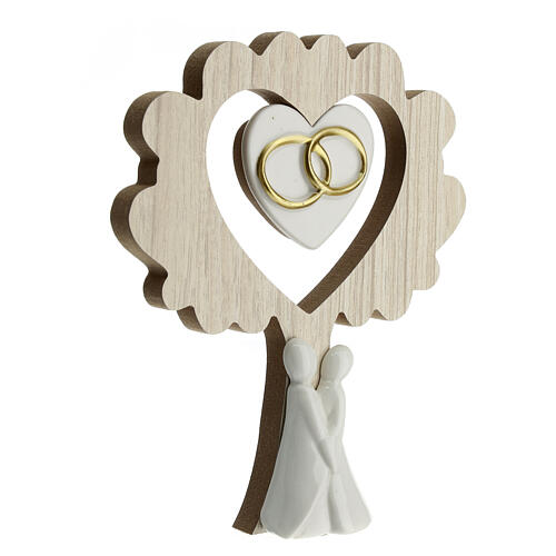 Wooden tree with porcelain lovers and rings, wedding favour, 7x6 in 3