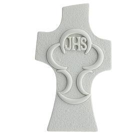Recuerdo cruz JHS cáliz blanco 9x6 cm