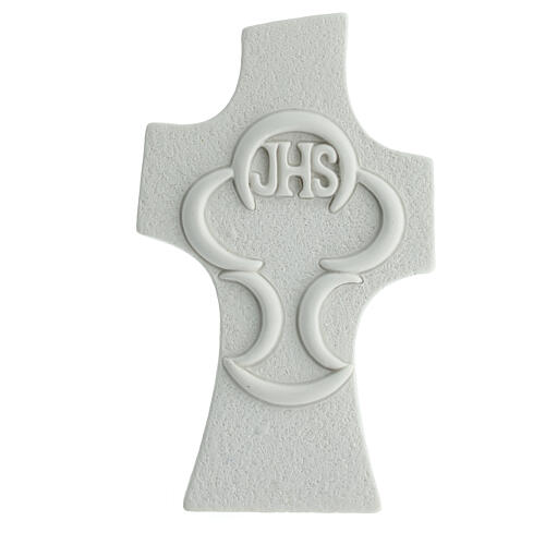 Recuerdo cruz JHS cáliz blanco 9x6 cm 1