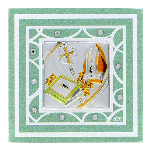 Bomboniera quadretto verde Cresima 7x7 cm 1