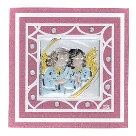 Pink glass frame with angels, Baptism favour, 3x3 in