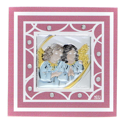 Pink glass frame with angels, Baptism favour, 3x3 in 1