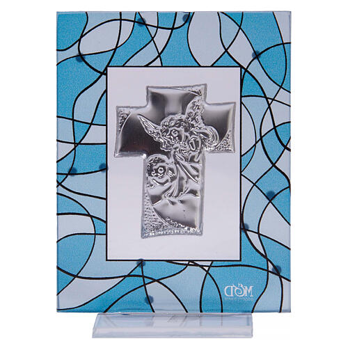 Quadretto bomboniera battesimo acquamarina 7,5x10 cm angelo 3