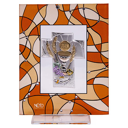 Amber-coloured glass picture, Eucharistic symbols, Baptism favour, 5.5x4.5 in 1