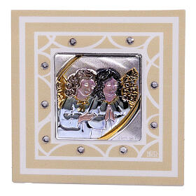 Quadro lembrancinha Batismo anjos 7x7 cm cor de marfim