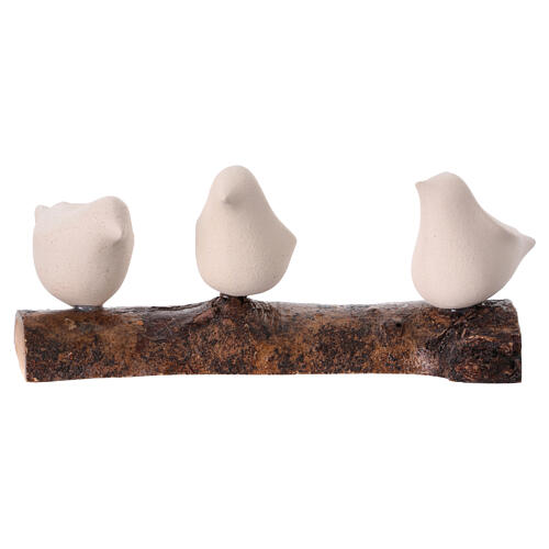 Trio passarinhos estilizados em argila refratária tronco natural Centro Ave h 8 cm 1