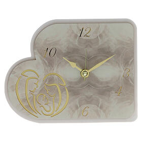 Resin clock with Holy Family, white and gold, 7x5 in
