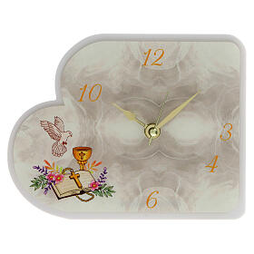 First Communion clock, white resin with colour image, 7x5 in