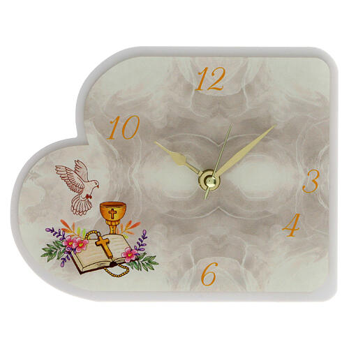 First Communion clock, white resin with colour image, 7x5 in 1