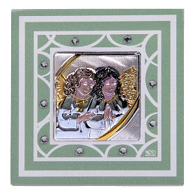 Baptism favour: picture of angels with green frame, 3x3 in
