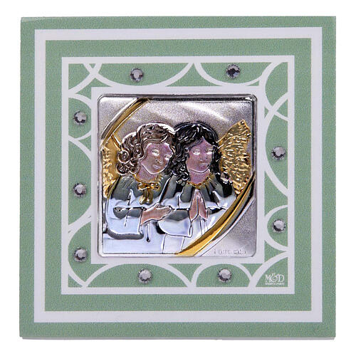 Baptism favour: picture of angels with green frame, 3x3 in 1