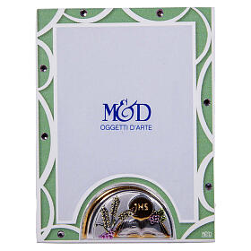 Bilderrahmen aus Glas zur Erstkommunion – Symbole der Eucharistie, 10 × 7 cm, grüner Rahmen