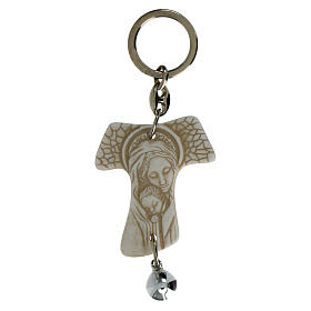 Tau-shaped keychain with Holy Mary image and white bell, resin, h 5 in