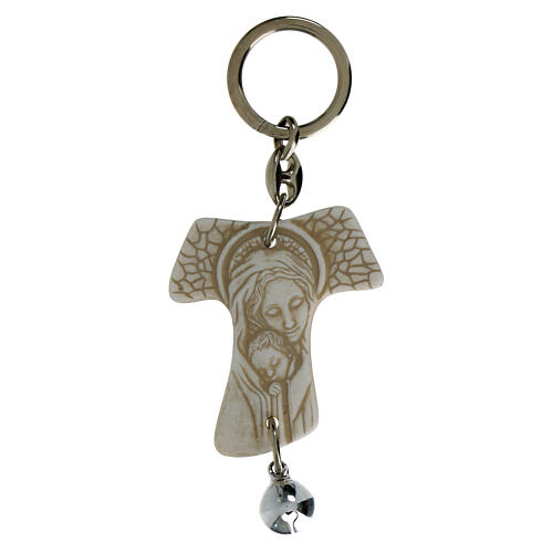 Tau-shaped keychain with Holy Mary image and white bell, resin, h 5 in 1