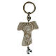 Tau-shaped keychain with Holy Mary image and white bell, resin, h 5 in s1