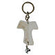 Tau-shaped keychain with Holy Mary image and white bell, resin, h 5 in s2
