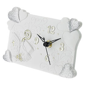 White resin clock, hearts and Confirmation symbols, 3.5x5.5 in
