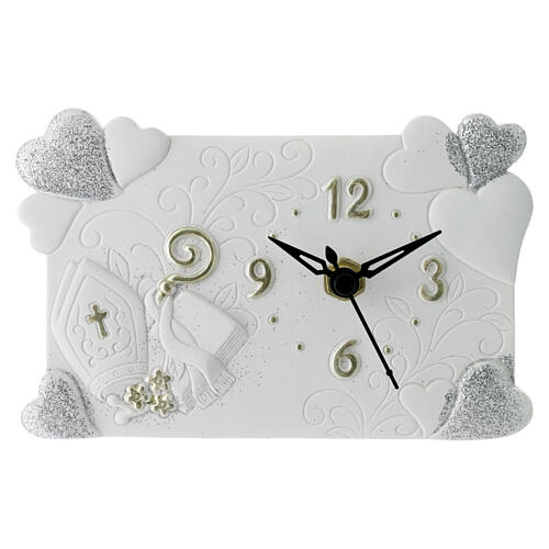 White resin clock, hearts and Confirmation symbols, 3.5x5.5 in 1