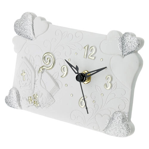 White resin clock, hearts and Confirmation symbols, 3.5x5.5 in 2