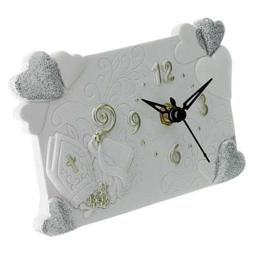 White resin clock, hearts and Confirmation symbols, 3.5x5.5 in 3