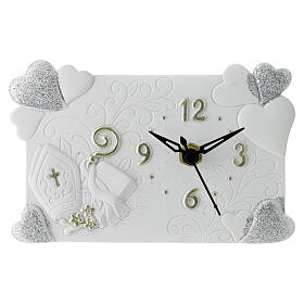 Resin clock 9x14 cm Confirmation hearts white