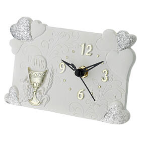 Zegar z żywicy biały i złoty, komunia, dek. serca, 9x14 cm