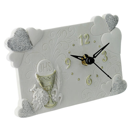 Zegar z żywicy biały i złoty, komunia, dek. serca, 9x14 cm 3