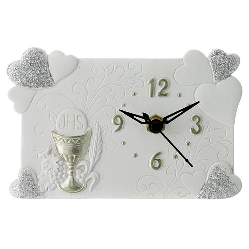 White and gold resin clock 9x14 cm Communion hearts 1