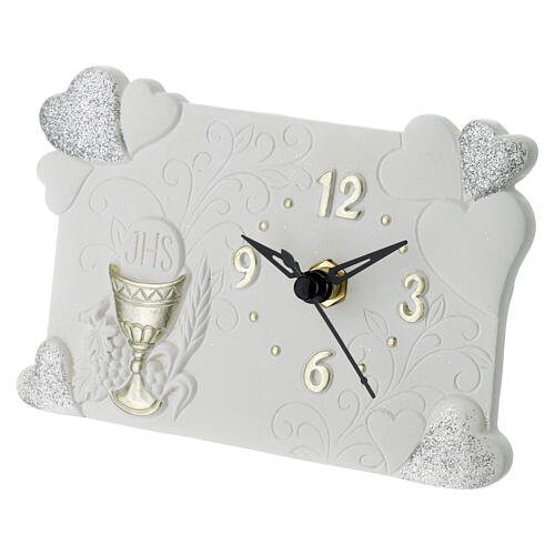 White and gold resin clock 9x14 cm Communion hearts 2