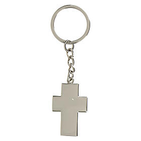 Cross-shaped metallic keychain with rhinestones, religious favour, h 1.5 in