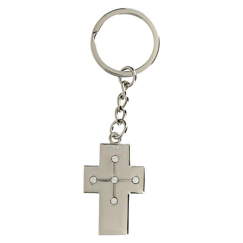 Cross-shaped metallic keychain with rhinestones, religious favour, h 1.5 in 1