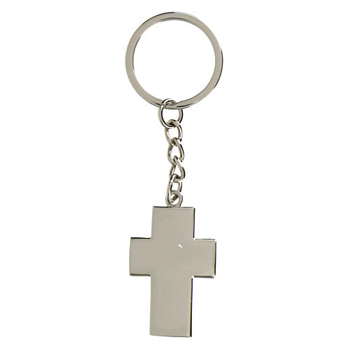 Cross-shaped metallic keychain with rhinestones, religious favour, h 1.5 in 2