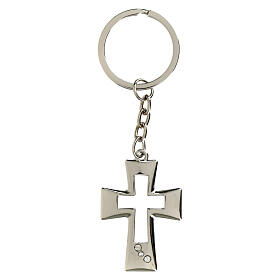 Cut-out cross-shaped keychain, metal and rhinestones, h 1.5 in
