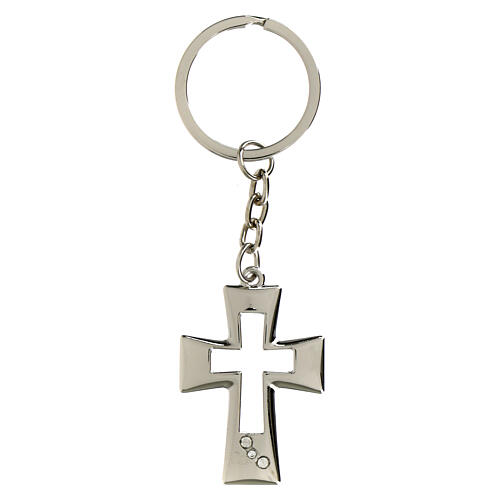 Cut-out cross-shaped keychain, metal and rhinestones, h 1.5 in 1