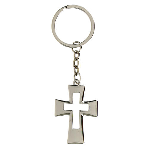 Cut-out cross-shaped keychain, metal and rhinestones, h 1.5 in 2