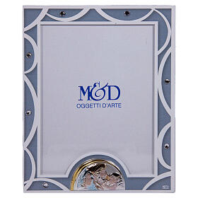 Photo frame with Holy Family, light blue glass and crystals, 5.5x4.5 in