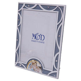 Photo frame with Holy Family, light blue glass and crystals, 5.5x4.5 in