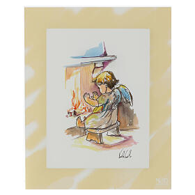 Watercolour print with ivory-coloured frame, angel by the fire, 10x8 in