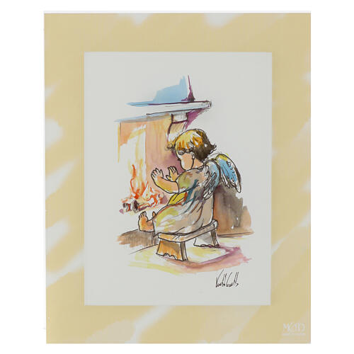 Watercolour print with ivory-coloured frame, angel by the fire, 10x8 in 1