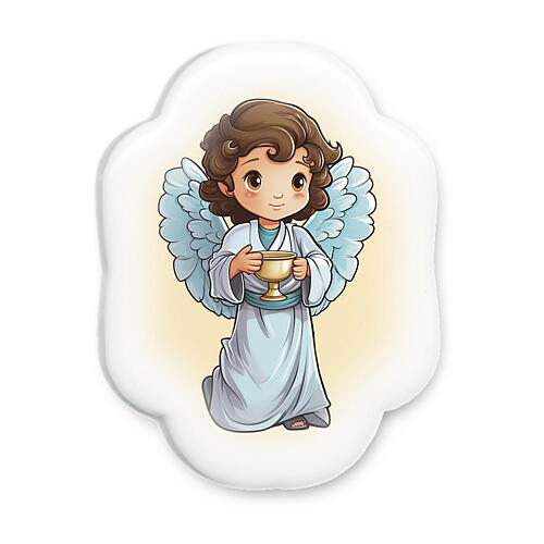 Shaped magnet of porcelain resin, angel with chalice, 2x2 in 1